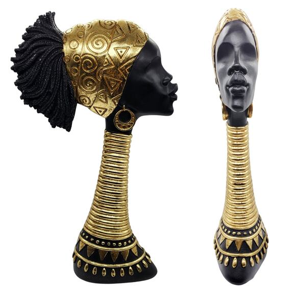 Decorative African Woman Black & Gold Finish Abeni Deco Figurine Carved Bust Art - Picture 1 of 10